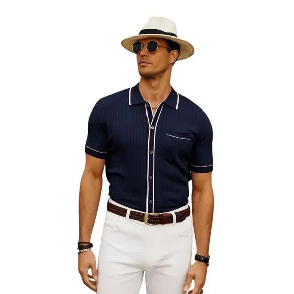 Paul Jones Knit Button Polo Shirt Navy Blue Men's Sz Large Retro Mod Travel Golf - Picture 9 of 9